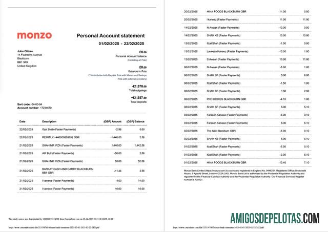 Extrato de conta bancária Monzo do Reino Unido para impressão, modelo Word e PDF, 2 páginas